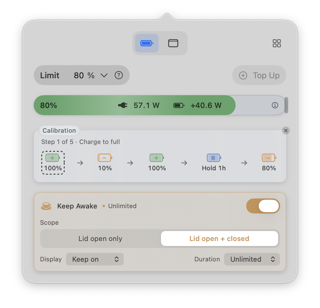 Liwu battery popover with an 80% Limit while calibration step 1 charges the battery to full
