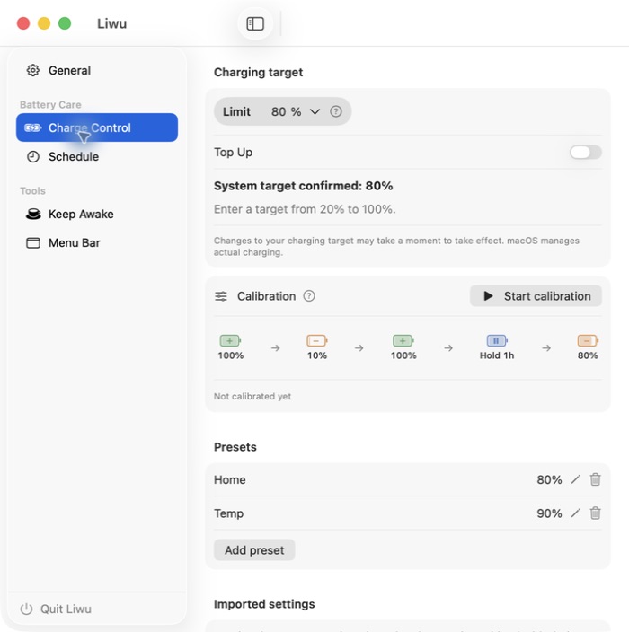 Liwu Charge Control page with an 80% limit, a Top Up switch, and saved presets