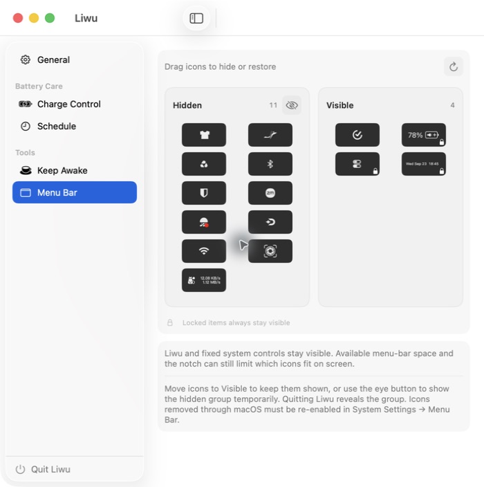 Liwu's Menu Bar page with Hidden and Visible icon groups