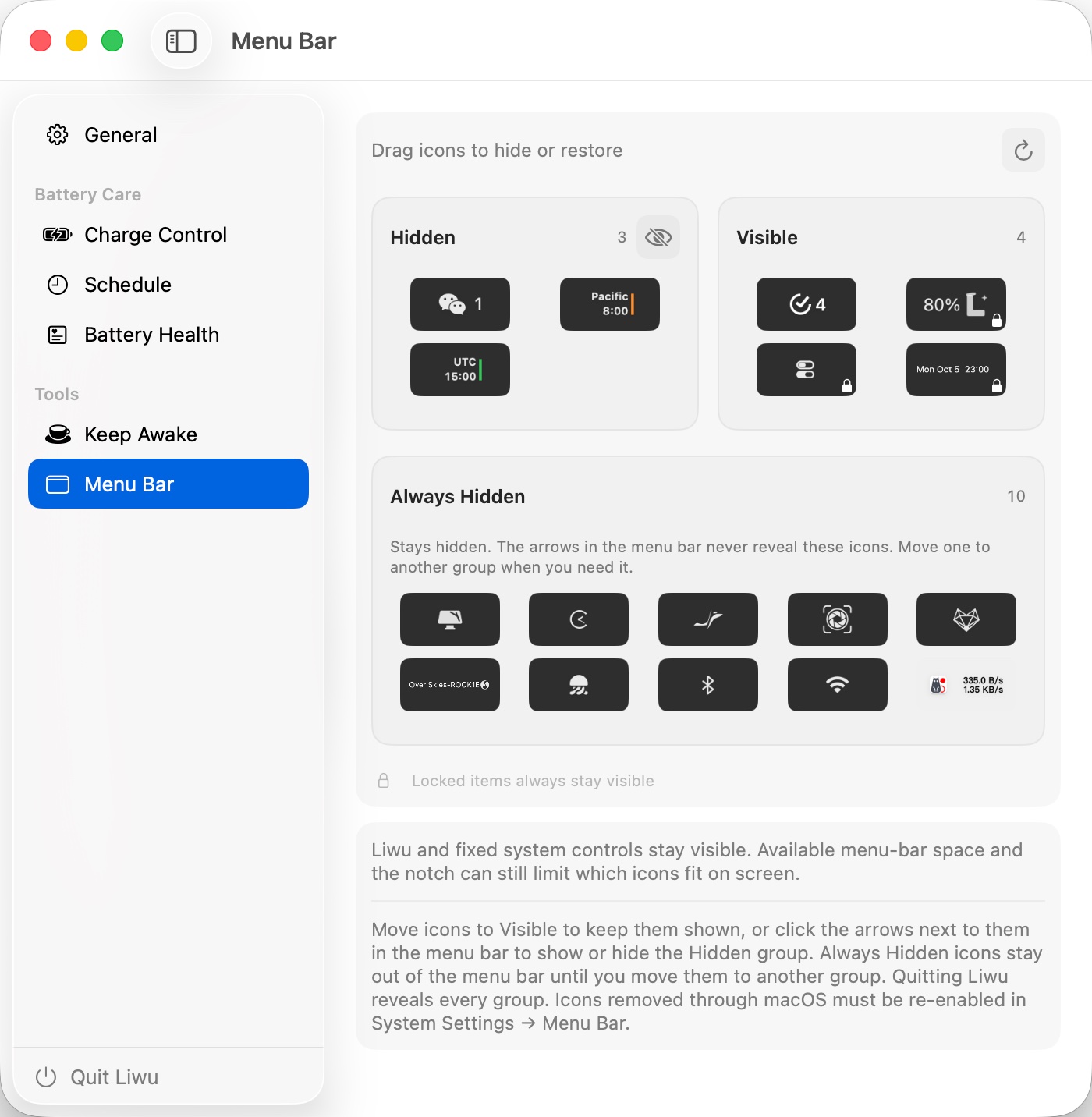 Liwu's Menu Bar page with Hidden, Visible, and Always Hidden icon groups